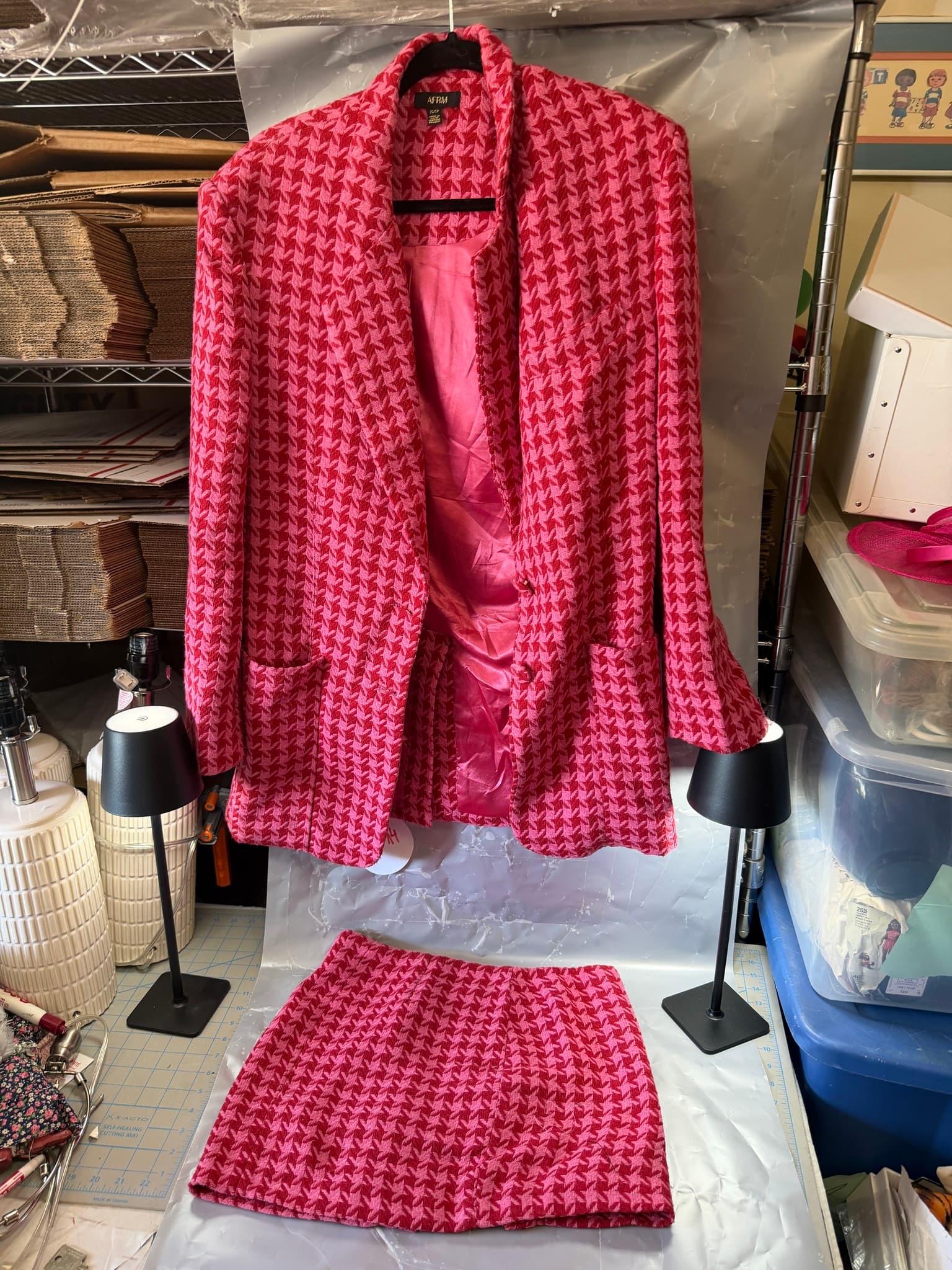 AFRM Houndstooth Blazer & Skirt Set Women's XS/TP Pink Red Two-Piece Outfit