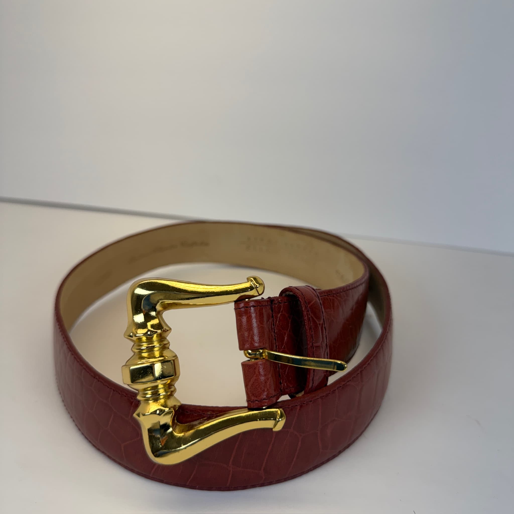 Ellen Tracy Italian Alligator Calfskin Belt Gold Buckle Medium Red