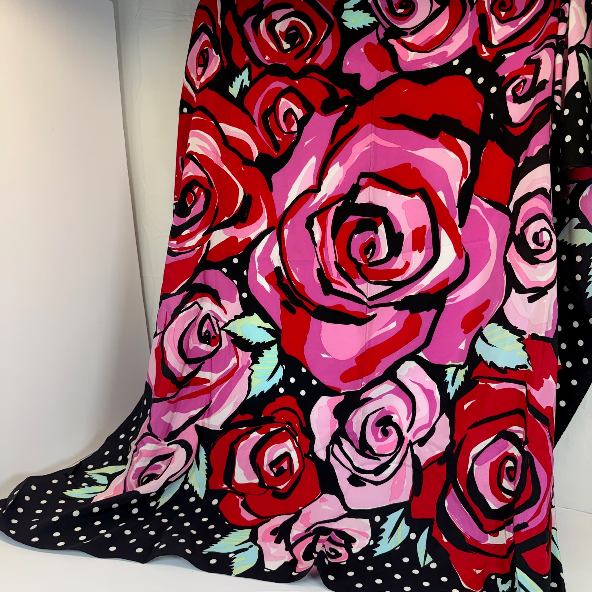 Bob Mackie Wearable Art 100% Silk Scarf Large Roses Polka Dot Signed D-10