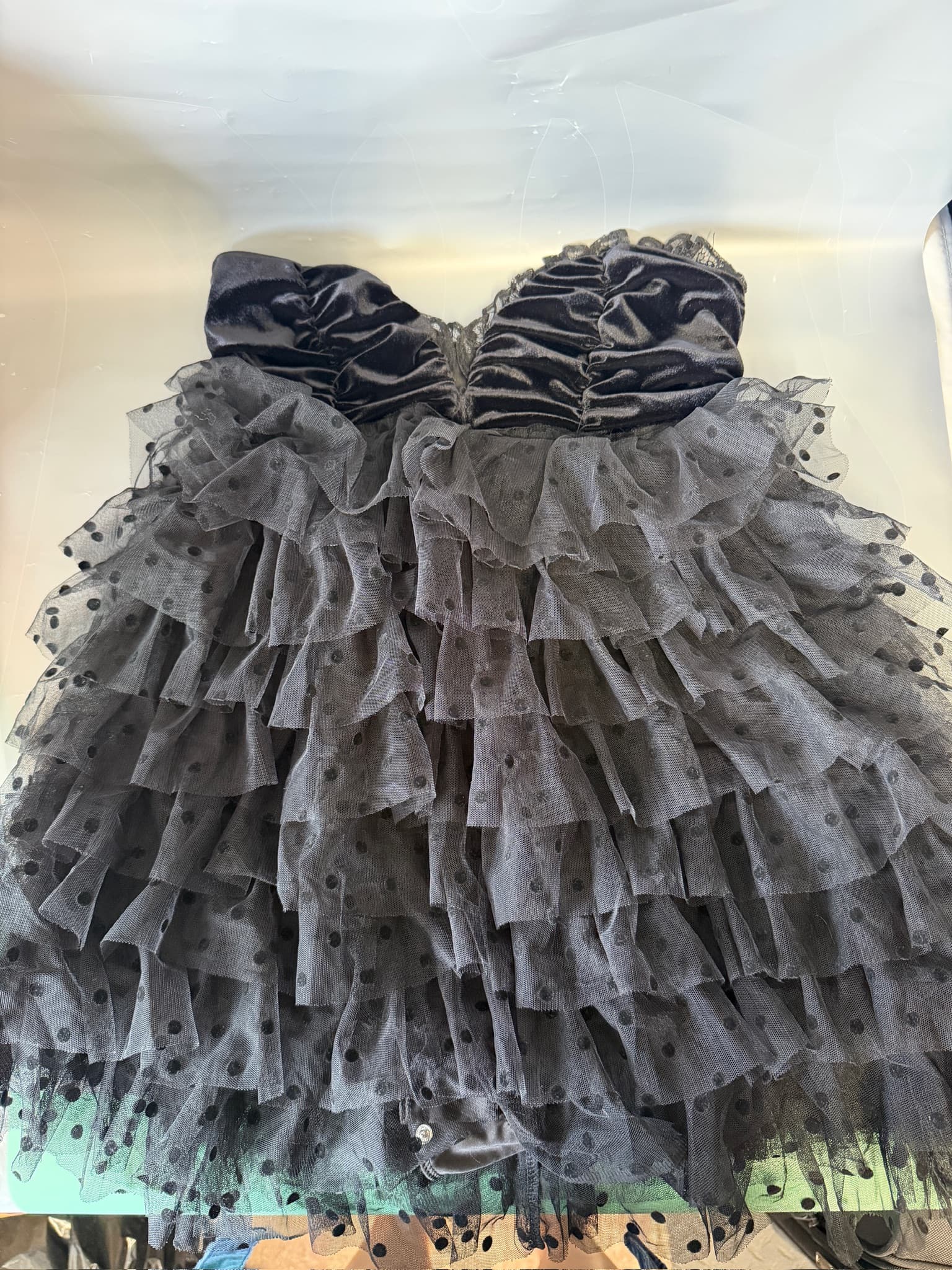 For Love & Lemons Black Polka Dot Ruffled Tulle Strapless Velvet Bodice Dress