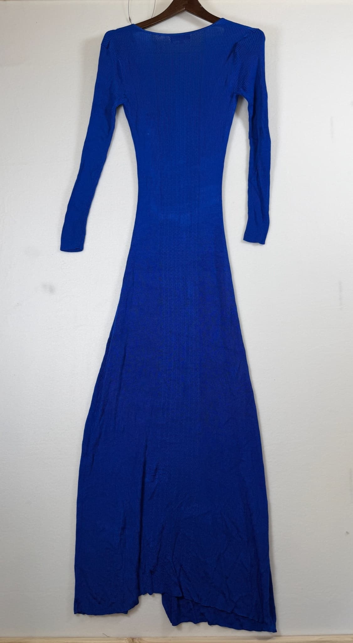 Auteur Women's Blue Ribbed Knit V-Neck Maxi Dress Long Sleeve High Slit XS