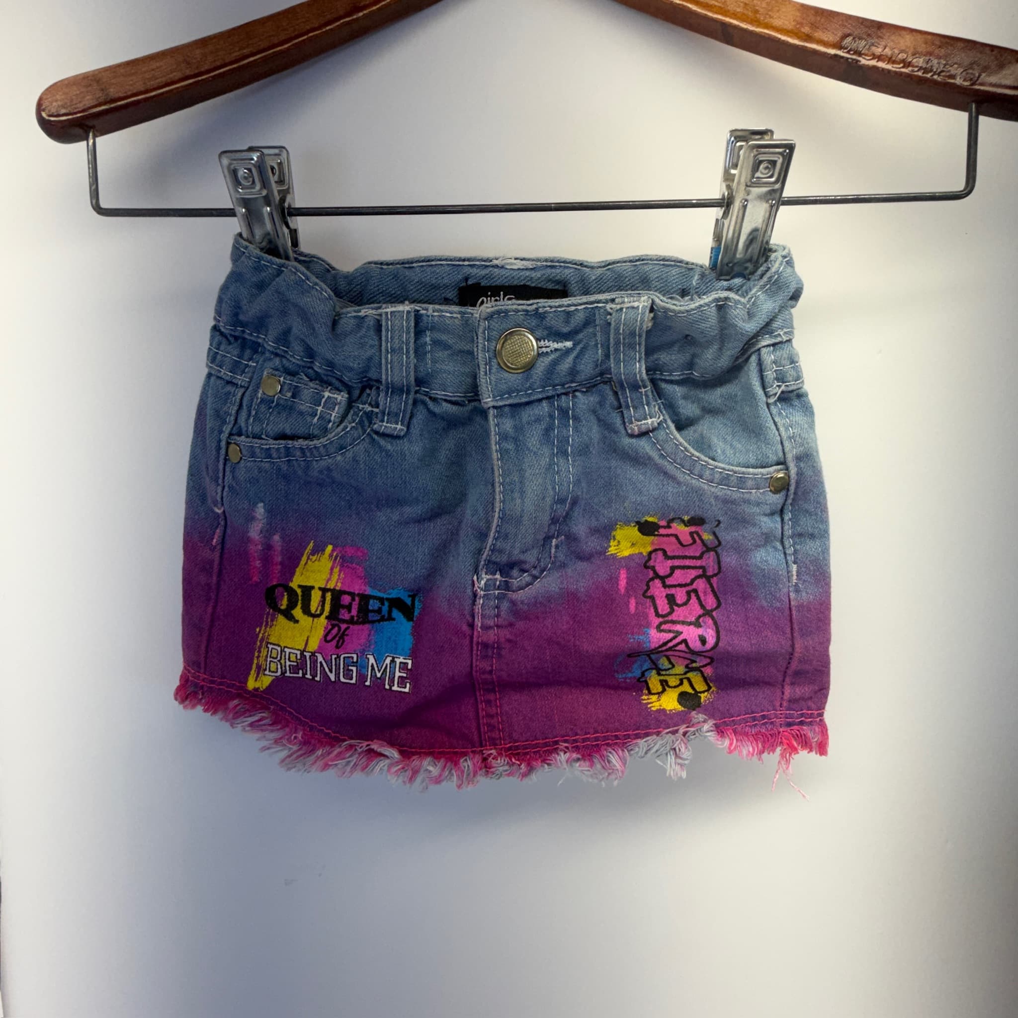 Girls Denim Skirt 18M Ombre Dye Graphic Print Frayed Hem Adjustable Waist