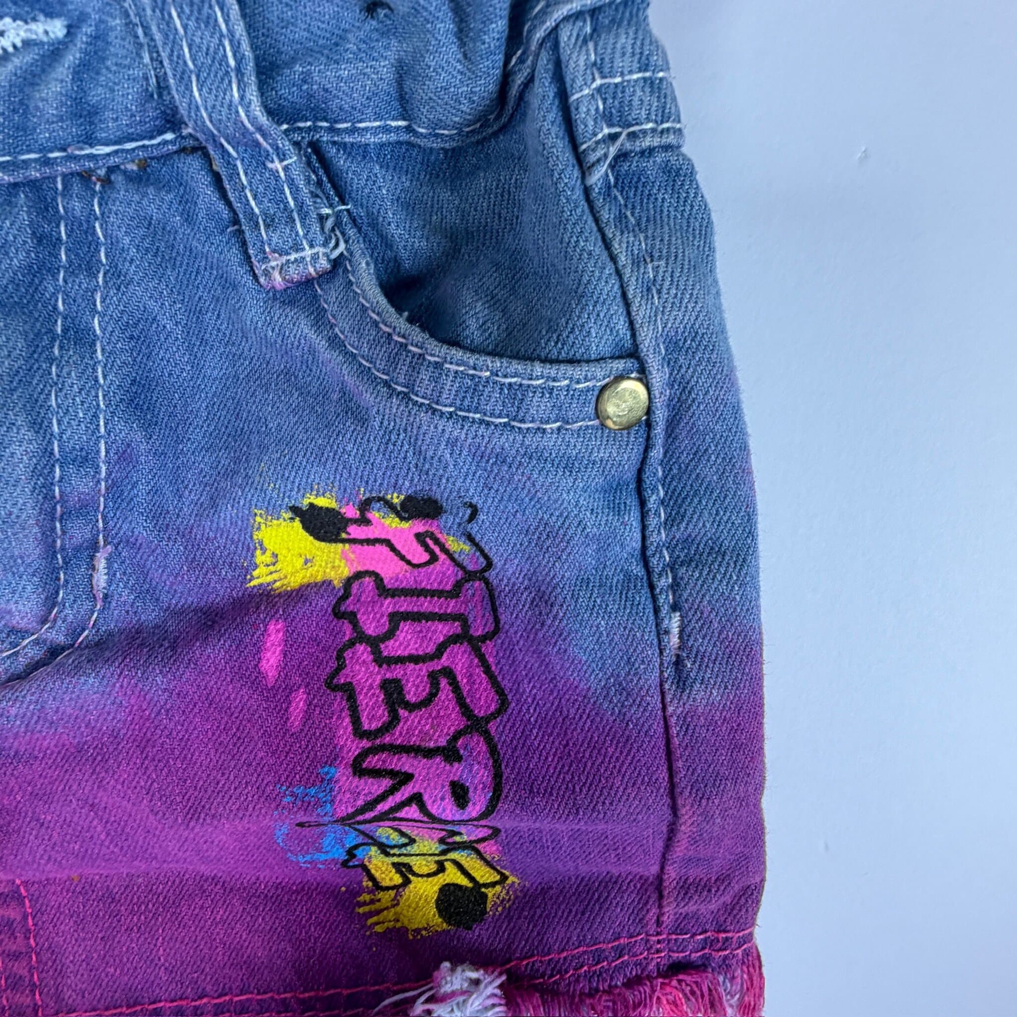 Girls Denim Skirt 18M Ombre Dye Graphic Print Frayed Hem Adjustable Waist - Thumbnail 3