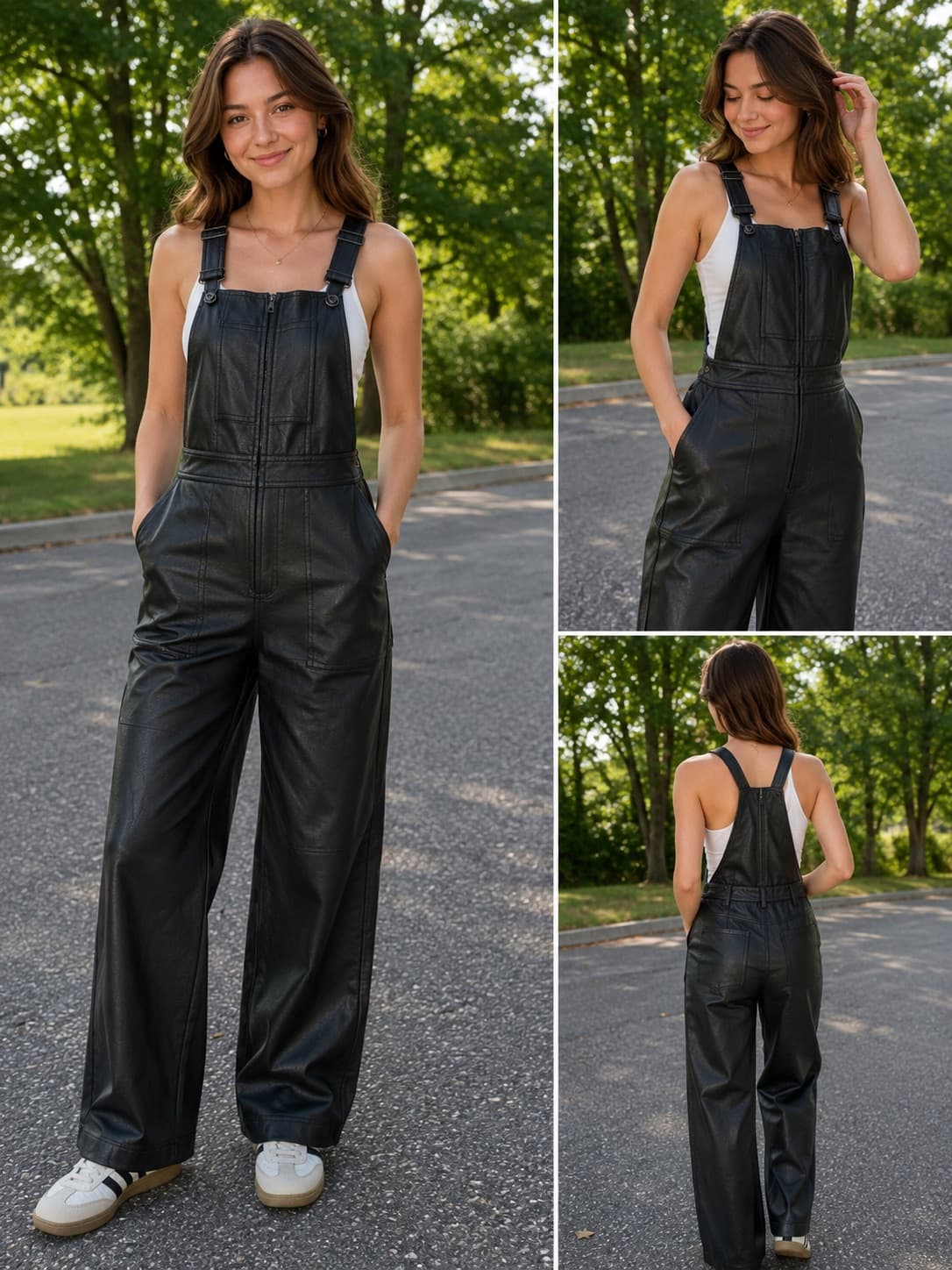 BCBGMAXAZRIA Black Faux Leather Wide Leg Overalls Jumpsuit Women's XS - Thumbnail 11