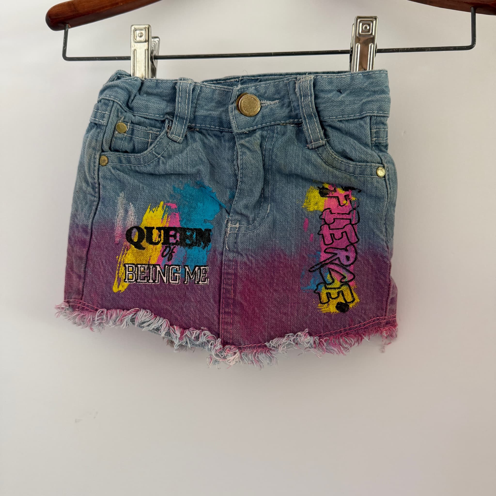 Girls+ Denim Skirt Ombre Dye Graphic Print Frayed Hem Size 12M