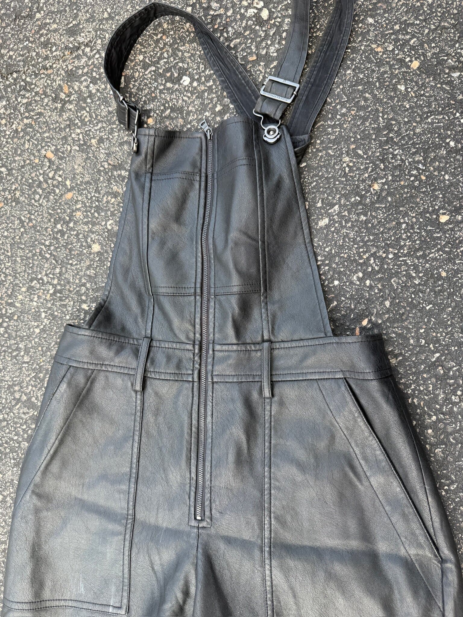 BCBGMAXAZRIA Black Faux Leather Wide Leg Overalls Jumpsuit Women's XS