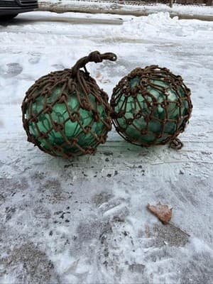 Vintage Green Glass Fishing Floats w Rope Net Nautical Decor Set of 2