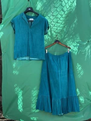 Norma Walters Suede Leather 2Pc Set Teal Top Skirt Women S Vintage