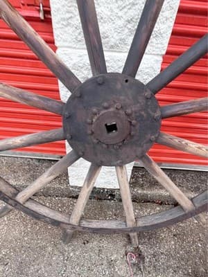 Large Antique Wooden Wagon Wheel Iron Hub Rustic Farm Decor Vintage - Thumbnail 4