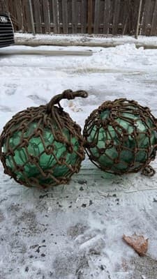 Vintage Green Glass Fishing Floats w Rope Net Nautical Decor Set of 2 - Thumbnail 2