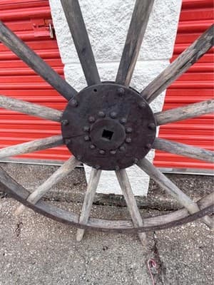 Large Antique Wooden Wagon Wheel Iron Hub Rustic Farm Decor Vintage - Thumbnail 3