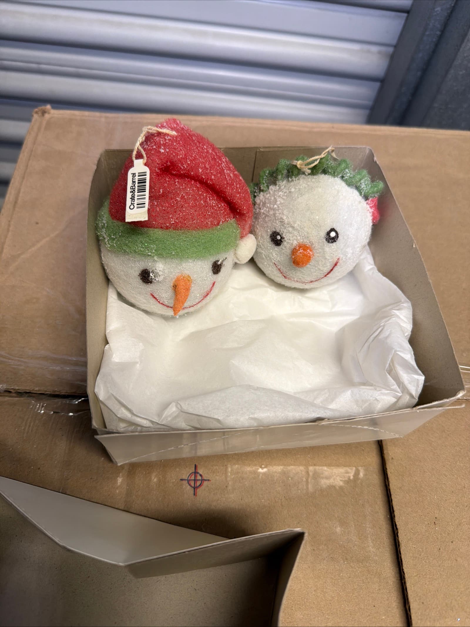 Crate & Barrel Snowman Head Ornaments (2) Christmas Felt Glitter Holiday Decor