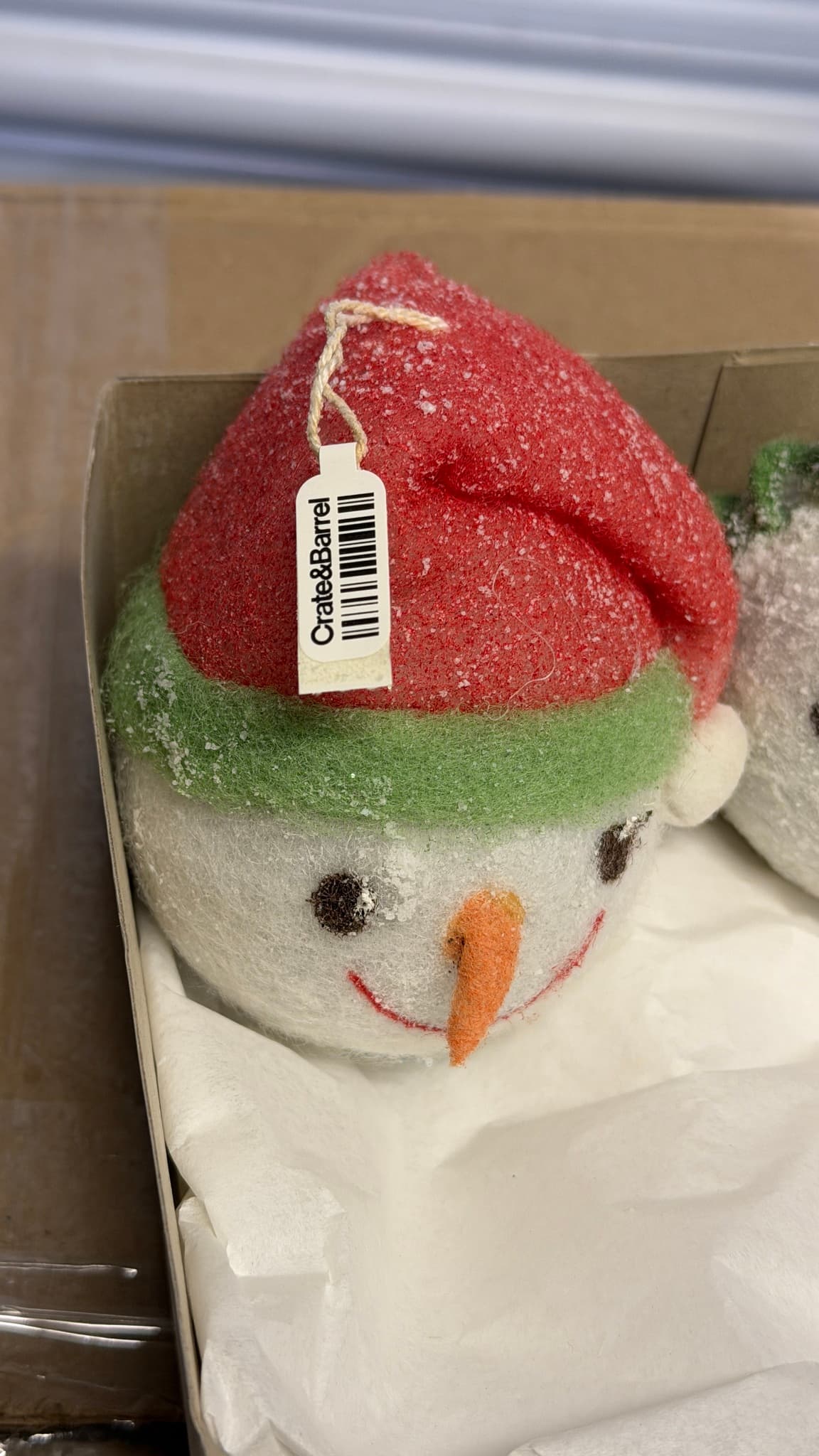 Crate & Barrel Snowman Head Ornaments (2) Christmas Felt Glitter Holiday Decor - Thumbnail 4