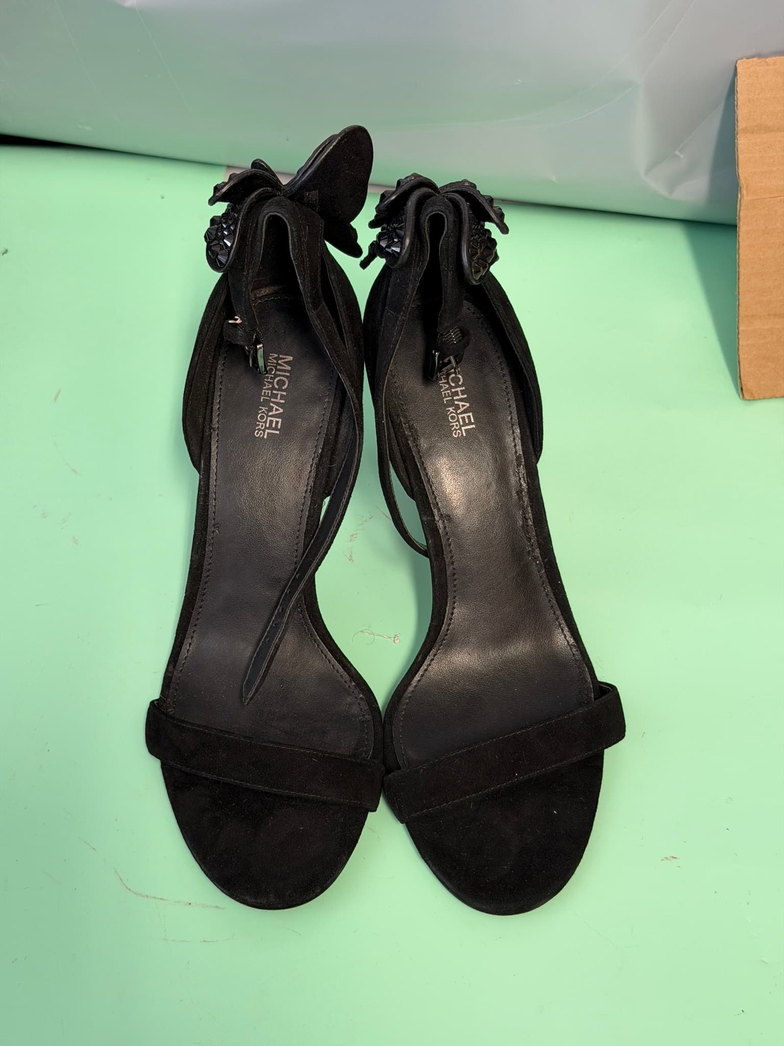 Michael Kors Black Suede Embellished Butterfly Ankle Strap Heels Women's Size 8M - Thumbnail 3