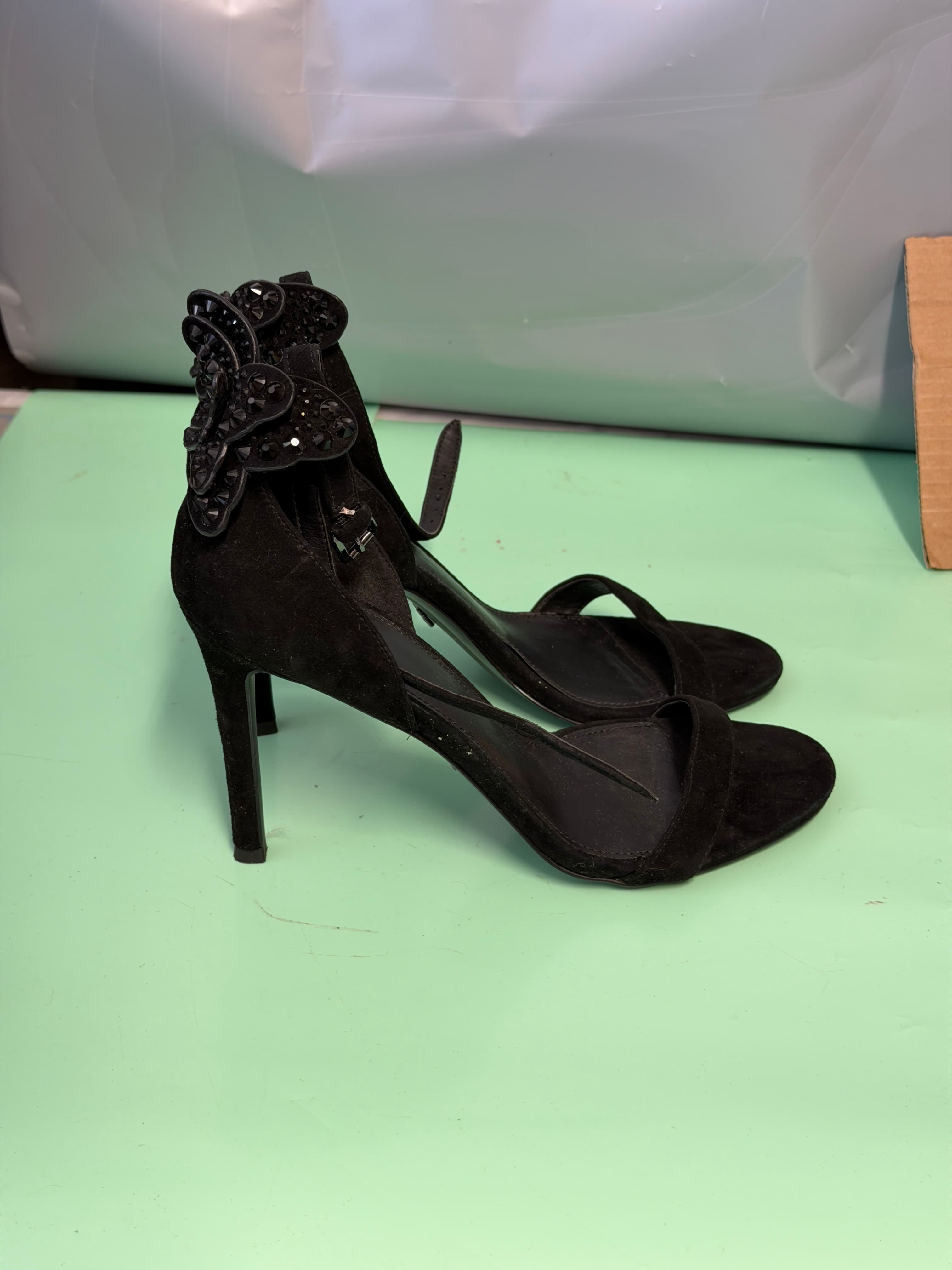 Michael Kors Black Suede Embellished Butterfly Ankle Strap Heels Women's Size 8M - Thumbnail 2