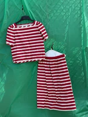 Norman Marcus Skirt Set Red White Striped Size 8 Cotton Vintage - Thumbnail 2