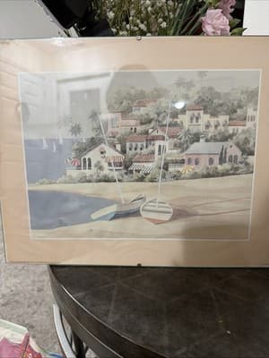 Vintage Coastal Wall Art Print Framed 11x14 | Mediterranean Seaside Boats 1989