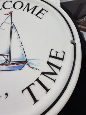 Vintage Homeplate Porcelain Wall Plaque “Welcome Stealin’ Time” Sailboat 9.5” - Thumbnail 4