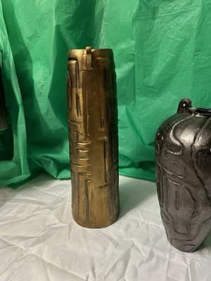 Set of 2 Modern Textured Ceramic Vases Gold & Black Abstract Decor 15” - Thumbnail 3