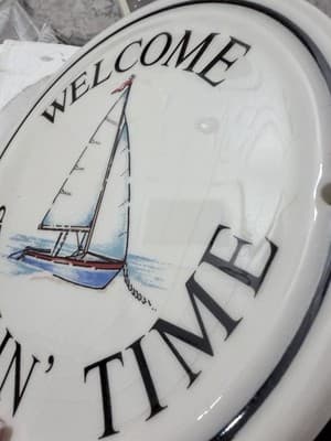 Vintage Homeplate Porcelain Wall Plaque “Welcome Stealin’ Time” Sailboat 9.5” - Thumbnail 8