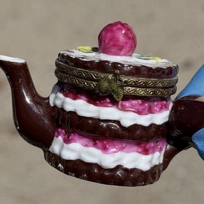 Limoges France Peint Main Mini Teapot Trinket Box Hinged Hand Painted - Thumbnail 8