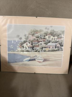 Vintage Coastal Wall Art Print Framed 11x14 | Mediterranean Seaside Boats 1989 - Thumbnail 2
