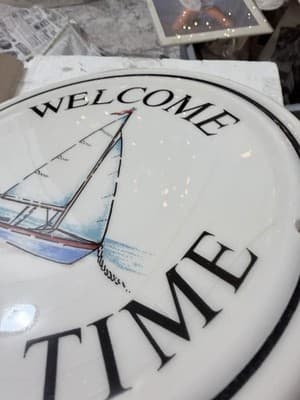 Vintage Homeplate Porcelain Wall Plaque “Welcome Stealin’ Time” Sailboat 9.5” - Thumbnail 7