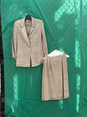 Vintage Chaus Linen Silk Suit Set Blazer Skirt Beige Women 6