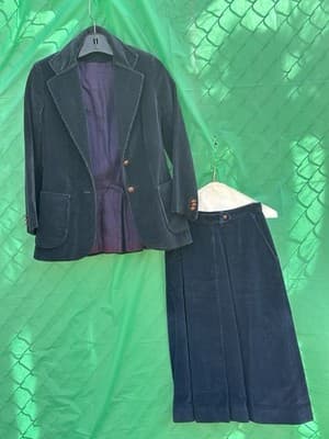 Saks Fifth Avenue Corduroy Suit Set Blazer Skirt Navy Women M