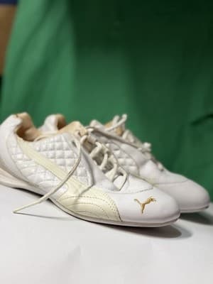 PUMA White Leather Sneakers Women US 6 EU 36 Gold Logo Lace Up