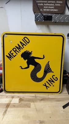 Vintage Mermaid Xing Metal Road Sign Yellow 18x18 1993 Nautical Decor