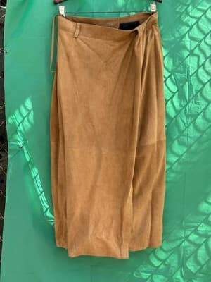 Dennis Basso Faux Suede Wrap Skirt Tan Size L Midi Belted