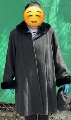 Dennis Basso Reversible Coat Faux Fur Wool Blend Black Gray L XL Luxury Hooded