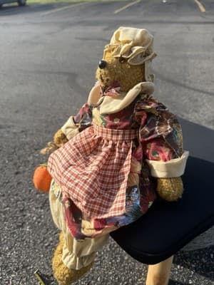 Vintage Country Bear Plush Doll Harvest Fall Decor Pumpkin Prairie Dress 14”