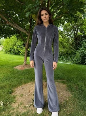 Fabletics Gray Velour Hooded Jumpsuit XS Zip Front Wide Leg Lounge One Piece