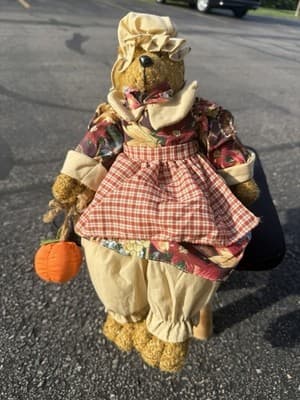 Vintage Country Bear Plush Doll Harvest Fall Decor Pumpkin Prairie Dress 14” - Thumbnail 2