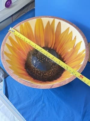 Large Mango Wood Sunflower Decorative Bowl Hand Painted Made In India - Thumbnail 2