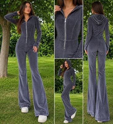 Fabletics Gray Velour Hooded Jumpsuit XS Zip Front Wide Leg Lounge One Piece - Thumbnail 2