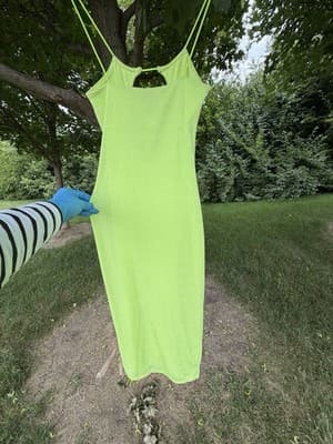H:ours Neon Lime Green Bodycon Midi Dress XS Sleeveless Open Back Stretch - Thumbnail 2