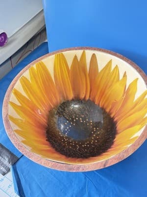 Large Mango Wood Sunflower Decorative Bowl Hand Painted Made In India - Thumbnail 7
