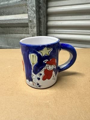 Hand Painted Italian Christmas Mug Snowman Blue Ceramic Cup