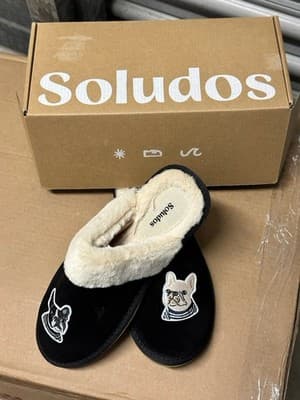 Soludos Women’s Slippers Faux Fur Black Dog Embroidered Cozy Shoes