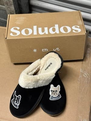 Soludos Women’s Slippers Faux Fur Black Dog Embroidered Cozy Shoes - Thumbnail 2