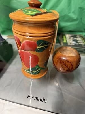 Hand Carved Wooden Haiti Souvenir Set Jar w/ Lid & Small Bowl – Folk Art - Thumbnail 5