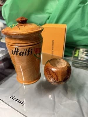 Hand Carved Wooden Haiti Souvenir Set Jar w/ Lid & Small Bowl – Folk Art