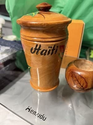Hand Carved Wooden Haiti Souvenir Set Jar w/ Lid & Small Bowl – Folk Art - Thumbnail 2