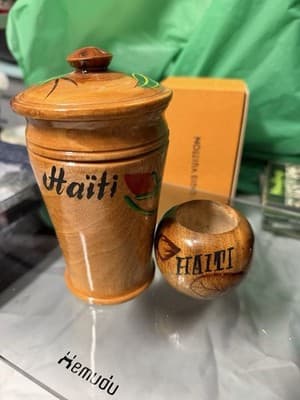 Hand Carved Wooden Haiti Souvenir Set Jar w/ Lid & Small Bowl – Folk Art - Thumbnail 10