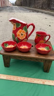 Temp-tations Poppy Passion Pitcher Mug & 3 Bowls 5 Pc Red Floral Set