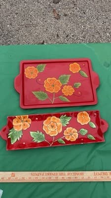 Temp-tations by Tara Red Floral Serving Trays Set of 2 Rectangular Platters