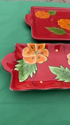 Temp-tations by Tara Red Floral Serving Trays Set of 2 Rectangular Platters - Thumbnail 6